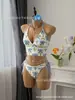 Novo Biquíni Duas Peças com Estampa de Coqueiros e Gola Halter, Calcinha com Tecido Canelado e Amarração Lateral, Roupa de Banho para Férias na Praia
