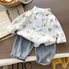 Conjunto de Camisa Fofa de Desenho Animado para Menino, Conjunto de Duas Peças Jeans de Manga Longa Novo da Primavera para Meninos, Roupa de Primavera para Crianças Pequenas