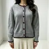 Cardigã de malha feminino transfronteiriço com gola redonda, botões em formato de coração e cores contrastantes, processamento ODM OEM, atacado em estoque