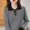 Estilo Novo de Primavera Algodão Puro Gola Polo Três Botões Xadrez Manga Longa Tricô Solto Suéter Estilo Coreano Top Feminino