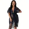 Cardigan de Encaje Popular de Bikini de Amazon Vestido de Playa Europeo y Americano Sexy de Verano de Longitud Media con Borlas Chal Protector Solar