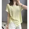 Camiseta de Algodón con Diseño de Copos de Nieve, Cuello Redondo Irregular, Manga Corta para Mujer, Nuevo Estilo de Verano, Cordón, Diseño Fruncido, Tops Sueltos y Delgados