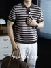 Estilo Japonés~Camisa de Punto Rayada Azul Marino para Hombre, Camiseta Casual Simple Versátil de Manga Corta para Verano