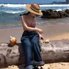 Chapéu de Palha Verão Estilo Coreano Viagem Vazado Topo Plano Celebridade da Internet Fotografia Sombra Côncava Chapéu Moda Chapéu de Palha de Praia