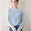 Suéter de Cachemir Puro con Cuello Redondo y Mangas Raglán 2025 Invierno Nuevo para Mujer Suéter Básico de Combinación de Colores Estilo Dulce Suéter de Aspecto Holgado Adelgazante