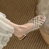 Sandalias para mujer, novedad de verano 2024, zapatos de punta de pez, estilo británico, tejidos, planos, de tacón bajo, huecos, zapatos vintage romanos