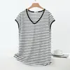 2026 Verão Novo Fino Gola V Modal Listrado Camiseta Feminina Casual Tamanho Grande Camada Base Solta Elegante Top
