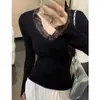 280G Lã de Ovelha Qualidade Tiktok Camada Base com Forro de Fleece Camiseta Feminina de Manga Longa para Outono e Inverno, Corte Justo