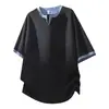 Camiseta de manga corta con cuello en V, a rayas y bloques de color, de estilo falso dos piezas para hombre, nuevo estilo de verano, moderna, holgada, casual, versátil, de media manga
