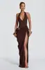 Vestido largo formal con cuello halter y escote en V profundo con atadura al cuello, diseño sin espalda, falso dos piezas, vestido cruzado drapeado de una pieza empalmada