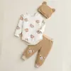 Conjunto de Tres Piezas para Bebé Niño Primavera y Otoño: Conjunto de Mameluco de Canalé con Estampado de Oso, Incluye Top, Pantalones y Gorro