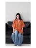 Camisa Xadrez Laranja Estilo Retrô Americano Manga Curta Solta e Versátil Casual com Gola para Homens e Mulheres Casais Venda Direta da Fábrica