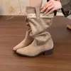 Botas apiladas estilo páramo retro para mujer, nuevas botas de vaquero western de punta para otoño, botas largas de caballero hasta la rodilla