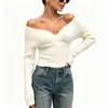 Suéter de Moda Europea y Americana para Mujer 2026, Otoño e Invierno, Color Sólido de Alta Gama, Cuello en V, Dos Vías, Hombros Descubiertos, Tejido de Punto, Ajuste Ceñido