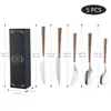 Venta al por mayor 410 Creativo Mango de Imitación Madera Acero Inoxidable Cubiertos Occidentales Cuchillo para Bistec, Tenedor, Cuchara, Tenedor de Postre y Cuchara con Mango de Grano de Madera en Caja de Regalo