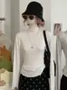 KEKEZOON Camiseta Base Manga Longa Slim Fit Cor Sólida Gola Meio Alta com Babados Ombro Normal para Mulheres 8705