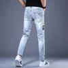 Pantalones de Mezclilla Estampados Estilo Estación Europea de Primavera y Otoño para Hombre, Marca de Moda, Corte Ajustado, Leggings Elásticos, Estilo Coreano, Bordados de Moda, Pantalones Largos