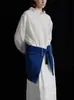 Guof/Camisa Blanca para Mujer con Dobladillo Texturizado Ligeramente Arrugado, Relajada, Cintura Ajustable, Cuello Irregular de Encaje Retro 34231