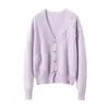 Nova coleção outono e inverno: cardigã feminino oversized com decote V e apliques florais, cor sólida, feito de cashmere, curto e grosso