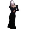 Vestido estilo Hepburn francés con mangas largas, look adelgazante, falda de cola de pez que cubre los glúteos, mangas abullonadas estilo diosa, popular en primavera y otoño