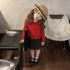 Roupas Infantis Estilo Coreano 2026 Outono Novidades Meninas Vermelho Dopamina Cardigan de Tricô Slim Fit Saia Versátil de Bolinhas