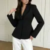 Blazer feminino curto slim fit estilo europeu e americano, coleção outono 2026, azul marinho, gola lapela, de um botão, jaqueta de terno para o trabalho
