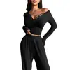 Conjunto de Otoño Nuevo Estilo Transfronterizo Europeo y Americano 2026 Conjunto de Dos Piezas para Mujer: Top Ajustado de Manga Larga con Botones Color Sólido y Pantalones Largos