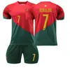 2022 2023 Portugal Copa do Mundo Uniforme de Futebol Casa Uniforme Nº 7 Camisa do Ronaldo Infantil Adulto Manga Curta Uniforme de Competição