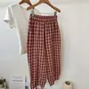 Pantalones retro de cuadros de pierna ancha para mujer, cintura elástica, corte holgado, adelgazantes, pantalones casuales versátiles, pantalones largos versátiles para mujer con estampado de cuadros