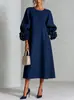 Vestido midi transfronterizo de manga abullonada con cierres de nudo hechos a mano y puños florales tridimensionales, con un diseño de falda recta acampanada para mujer