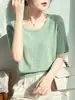 Camiseta feminina de seda gelada com gola redonda, canelada, manga curta, versátil, modeladora, para primavera/verão, simples e elegante, top de tricô canelado, atacado