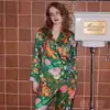 [Jardín Bosque Verde] Pijama de Seda Helada para Mujer, Manga Larga de Seda para Primavera y Verano, Traje de Ropa de Casa Superior Sedosa