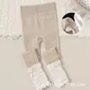 Novidade Primavera e Outono Leggings Finos de Lã para Meninas Calças Cropped Patchwork com Renda Ondulada Estilo Japonês para Crianças Meias com Babado