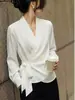 Camisa Feminina Gola V com Amarração na Cintura Estilo Francês, Manga Longa, Branca, de Alta Qualidade, Emagrecedora, Elegante, Versátil, Adequada para o Trabalho, Top Rejuvenescedor