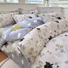 Conjunto fofo de quatro peças em algodão com aloe vera estilo coreano, com fundo verde fresco e estampa de gato preto, capa de edredom para conjunto de cama de quarto e casa de temporada