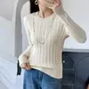 Nuevo tejido de punto de algodón puro de primavera para mujer, top sencillo de cuello redondo, manga larga, acanalado, color liso, corte ajustado