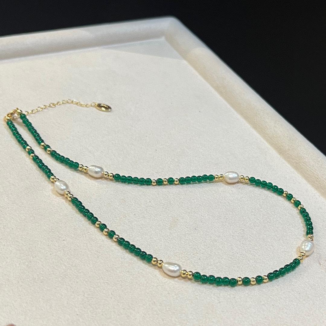 复古小众绿水晶天然淡水珍珠项链女轻奢简约气质圆珠锁