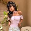 Top Camiseta de Verano Nuevo para Mujer Europea y Americana, Color Sólido, Cuello Halter, Cuello Alto, Manga Corta, Hueco, Jompon para Mujer