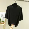 Camiseta base de algodão com gola alta média para mulheres, camiseta de manga de três quartos, fina para primavera e outono, slim fit, plus size, versátil, top de manga média