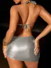 Bikini Personalizado Modelo Nuevo 2026 para Comercio Exterior, Atractivo Traje de Baño de Dos Piezas Estilo Europeo y Americano, Conjunto de Tres Piezas Transfronterizo, Color Dorado Sólido, Estilo Falda
