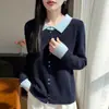Cardigan de Lã Tricotado Color Block Falso Duas Peças Outono 2026 Transfronteiriço para Mulheres, Gola Polo, Suéter Casaco Longo de Manga Longa Solto