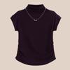Nova Moda Feminina 2026, Blusa Feminina de Gola Meia-Alta, Camiseta Feminina de Manga Curta Estilo Primavera, Design Elegante com Ombros Normais, Mangas Flare, Ajuste na Cintura, Efeito Emagrecedor