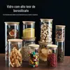 Pote de armazenamento de vidro de cozinha selado, transparente, reto, redondo, tampa de bambu, embalagem de chá de grãos grossos, pote de armazenamento de alimentos