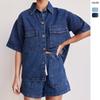 Transfronterizo Europeo y Americano Primavera y Verano 2025 Nuevo Retro Casual Holgado Pantalones con Bolsillo de Solapa Camisa de Manga Corta Shorts Traje de Mezclilla para Mujer