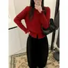 Suéter azul nuevo estilo francés juvenil con volantes para mujer, primavera y otoño, adelgazante, holgado, base de punto de ochos