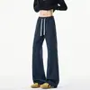 Calça comprida de marca moderna, corte reto largo, resistente, corte inclinado, microflare, calça casual solta, calça de moletom para homens, na cor azul marinho, com corte curvo