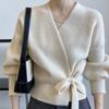 Suéter Francês Assimétrico Elegante para Mulheres 2025 Primavera e Outono Novo Estilo Estilo Preguiçoso Solto Gola V Cardigã Tricotado com Cadarço para Mulheres