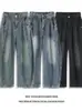 Jeans negros de pierna ancha estilo americano para hombre, pantalones rectos holgados de moda para otoño, pantalones largos curvos lavados de talla grande