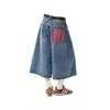 Pantalones Cortos de Mezclilla Retro Americanos a Cuadros con Parches para Mujer Verano 2025 Nuevo Diseño Holgados de Pierna Ancha