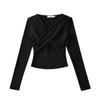 Blusa plisada de manga larga con escote en V cruzado, pura y sexy, forrada de polar, para otoño e invierno, nueva, ajustada, adelgazante, de alta gama.